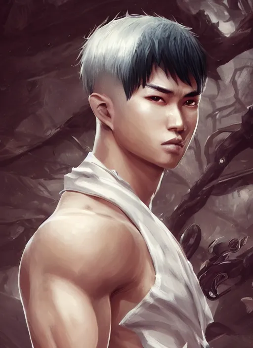 Prompt: a highly detailed illustration of fierce short white haired parted through the middle young attractive asian man, wearing hakama, with black sclera eyes, heroically posing, muscular, intricate, elegant, highly detailed, centered, digital painting, artstation, concept art, smooth, sharp focus, league of legends concept art, WLOP