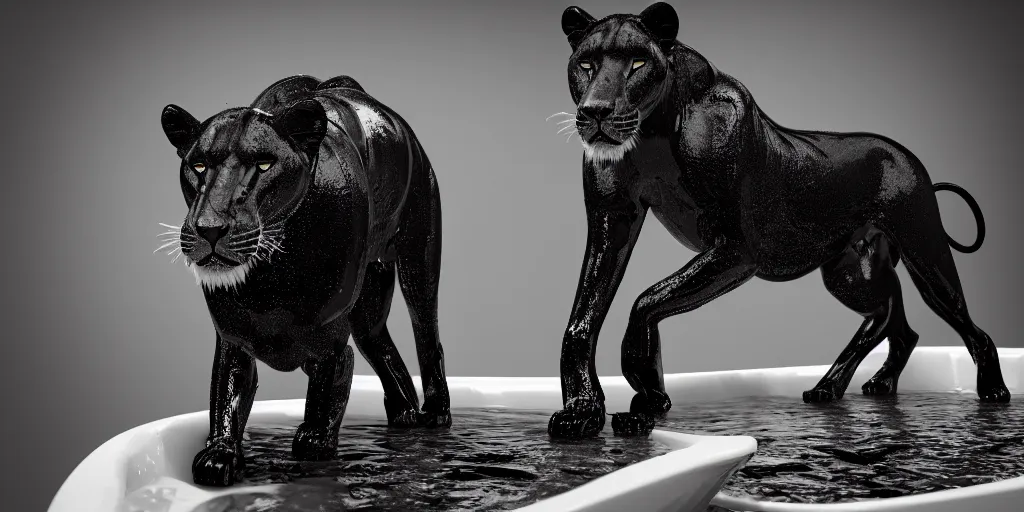 Image similar to a black lioness made of ferrofluid bathing inside the bathtub full of tar, covered with tar. dslr, photography, realism, animal photography, color, modern bathroom, hyper realistic, 8 k resolution, unreal engine 5, raytracing