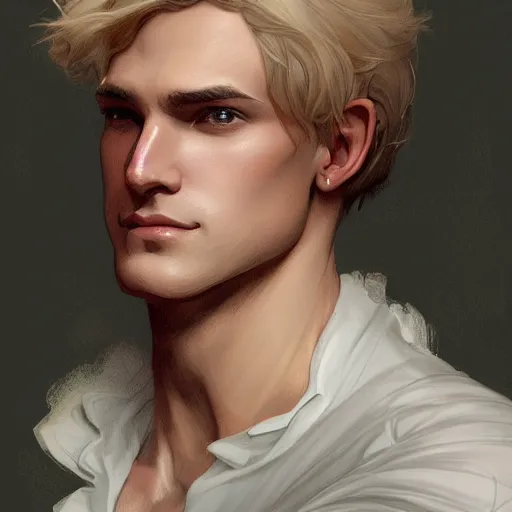 Prompt: Lucius with closed eyes smiling, clean shaven young androgynous, very detailed sharp angular masculine face, hooked nose and square jaw long fluffy curly blond hair, light blond hair, gorgeous, beautiful, intricate, highly detailed, digital painting, artstation, concept art, sharp focus, illustration, art by greg rutkowski and alphonse mucha