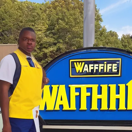 Image similar to wafflehouse employee's standing below wafflehouse sign, employees uniform is blue and black with yellow name tags