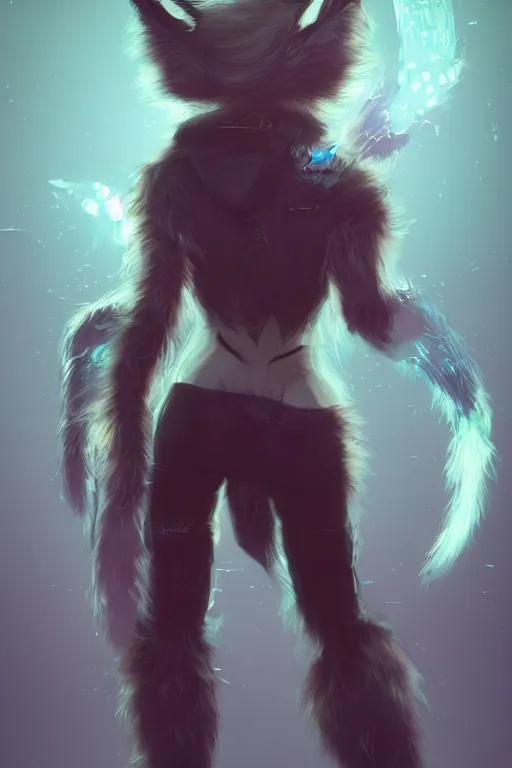 Image similar to an anthropomorphic cyberpunk fox with a fluffy tail, backlighting, trending on artstation, digital art, furry art, trending on furaffinity, fantasy art, by kawacy, view from behind