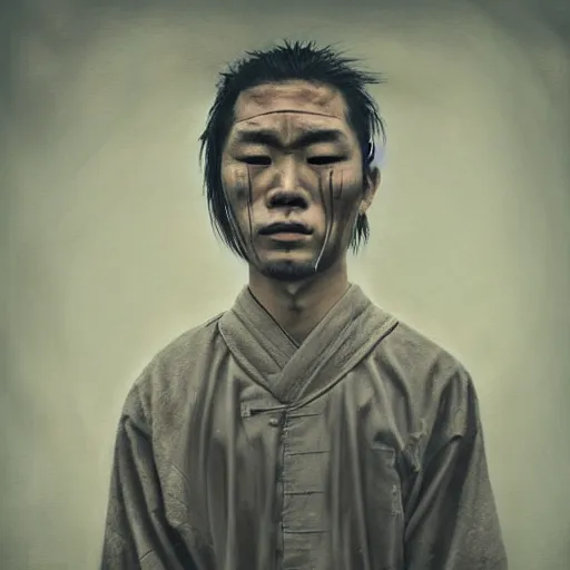 Prompt: samurai portrait by Sean Yoro and Chie Yoshi, dark, moody, washed colors, detailed