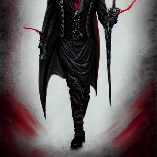 Image similar to a vampire, male, mid - 3 0 s aged, long, slicked black hair, clean shaven, in red and black, regal, high fantasy, realistic, highly detailed, full body shot, concept art, 8 k.