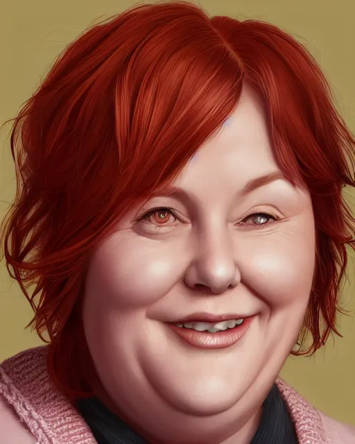 Prompt: portrait of happy short and plump 5 0 - year - old woman with red hair and, kind face, round face, short hair, molly weasley, wearing in cardigan, hyper realistic face, beautiful eyes, character art, art by mark brooks, hyperdetailed, cryengine, trending on artstation, digital art