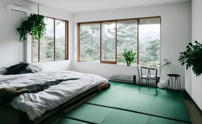 Image similar to a bright and cozy minimalist bedroom, white and pine wood, bed, cupboards, green potted plants, large window with a view of large concrete Japanese apartment blocks