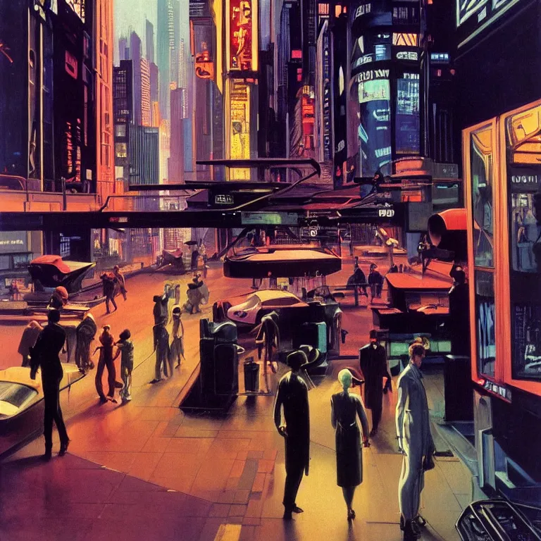 Prompt: scene of city life with people dressed in futuristic clothes, cyberpunk designs, vehicles, automations, and faint glows of vivid color, cinematic, highly detailed, intricate, hd quality, realism, from blade runner concept art, acrylic on canvas, by syd mead and edward hopper