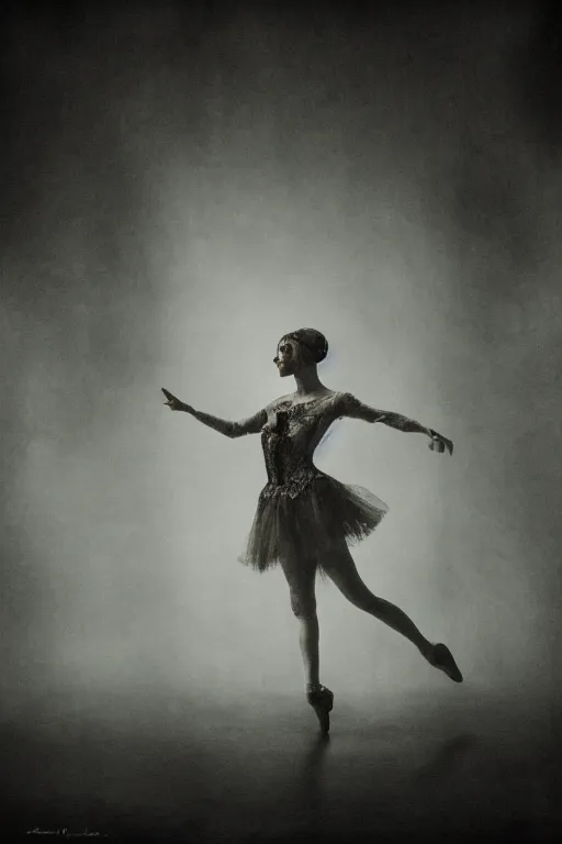 Prompt: dark ballerina, emil melmoth, concept art, deviantart, dark, 3 5 mm, chiaroscuro, surrealist, victorian, mist, dark, on an empty stage seen from below