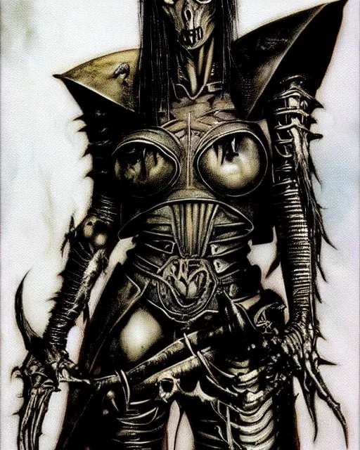 Image similar to portrait of a skinny goth punk giger wearing armor by simon bisley, john blance, frank frazetta, fantasy, thief warrior