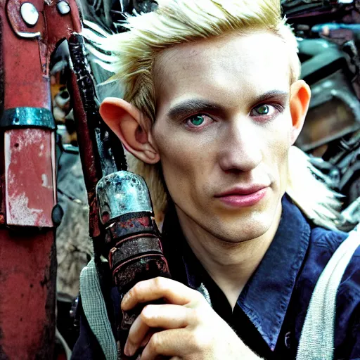 Image similar to close up headshot of a skinny high-fantasy elf with a long face narrow chin and spiky blonde hair wearing dark brown overalls and holding a bomb next to a destroyed car, gel spiked blond hair, small ears, narrow lips, high resolution film still, HDR color