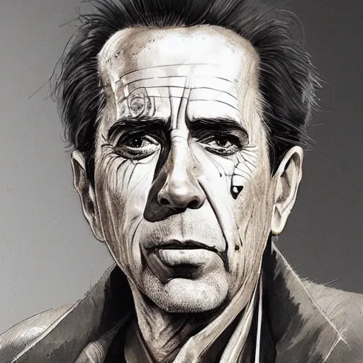 Image similar to a highly detailed epic cinematic concept art CG render digital painting artwork costume design: Humphrey Bogart, scruffy beard, old scars on the face, unkempt long hair, grizzled, tired, in an old 1950s leather jacket, with a bottle of whisky in hand. By Greg Rutkowski, Ilya Kuvshinov, WLOP, Stanley Artgerm Lau, Ruan Jia and Fenghua Zhong, trending on ArtStation, made in Maya, Blender and Photoshop, octane render, excellent composition, cinematic atmosphere, dynamic dramatic cinematic lighting, aesthetic, very inspirational, arthouse