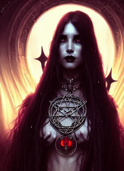 Image similar to Necromancer Sorceress goddess of death, background fantasy pentagram sorceress magic, undercut hairstyle, dark light night, intricate, elegant, sharp focus, illustration, highly detailed, digital painting, concept art, matte, art by WLOP and Artgerm and Greg Rutkowski and Alphonse Mucha, masterpiece