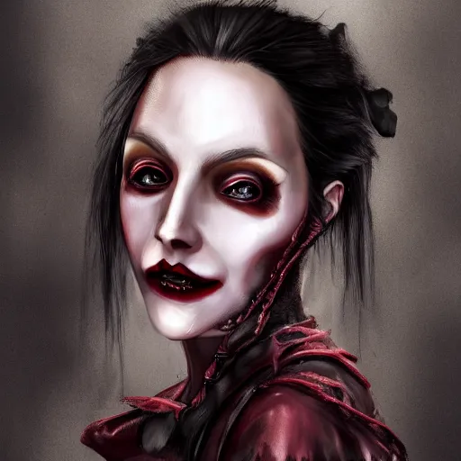 Prompt: a realistic head and shoulder professional portrait of a female vampire, painted in the style of bloodborne, interesting color use, vampire fashion, highly detailed, melancholy, vampire teeth