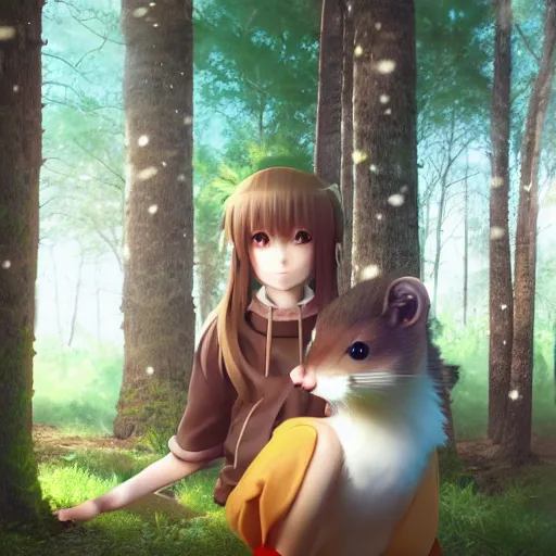 Image similar to Render of a realistic cute anime girl holding a pine marten, 4k, trending on arstation, CGsociety, octane render, composition