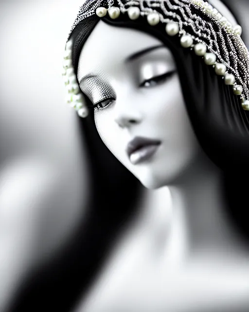 Image similar to black and white dreamy young beautiful veiled female artificial intelligence, realistic pearl ornament in the face, long hair are intricate with highly detailed realistic pearls, cinematic, rim light, bokeh, photo - realistic, elegant, high detail, 8 k, masterpiece, photo taken in 1 9 3 0