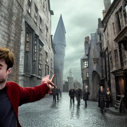 Prompt: Daniel radcliffe as harry potter, epic wide shot, cinematic shading, widescreen, sharp image, warm colors, Blu-Ray, directed by Christopher Nolan and Asher Duran