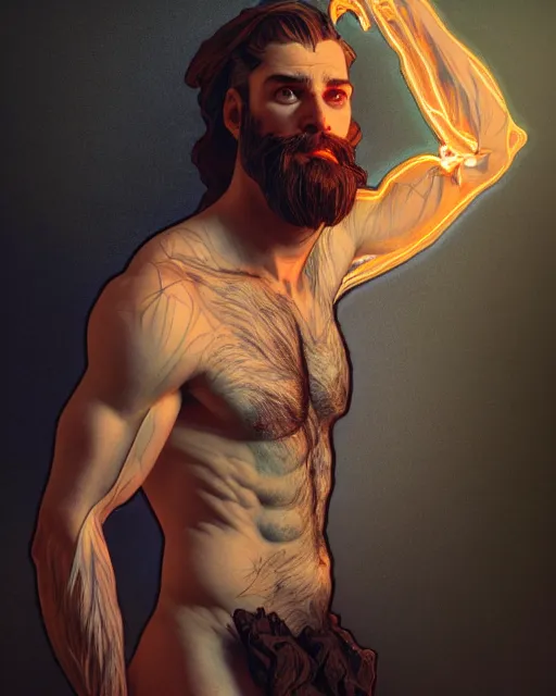 Prompt: a beautifully studio posed portrait of a shirtless man with a beard and glowing eyes, the essence of fall, twig details, dark retrowave, highly detailed, digital painting, cinematic, hyperrealism, dynamic lighting, art by alphonse mucha and magali villeneuve and artgerm, artstation, octane render, cgsociety