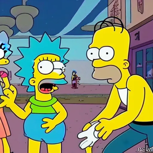 Image similar to The Simpsons take on Rick and Morty in an epic battle, anime style