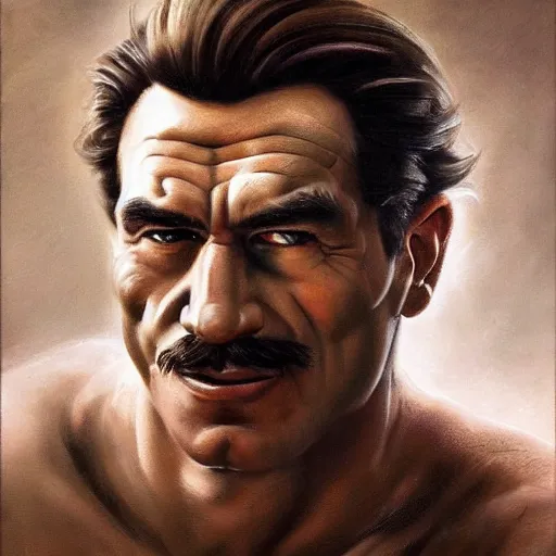 Image similar to An ultra realistic portrait painting of Mario in the style of Frank Frazetta, 4k, Ultrarealistic, Highly Detailed, Dark Fantasy, Epic Lighting