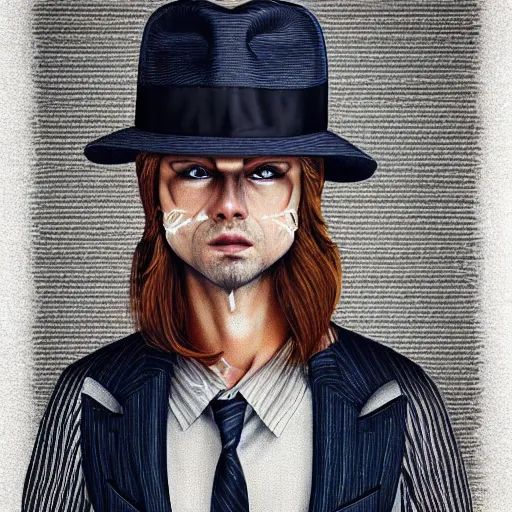 Image similar to a upper body portrait of a deer in a pinstriped suit and pants wearing a fedora with the antlers sticking out of the fedora by artgerm and wlop, intricate detail, digital art, photorealistic, trending on artstation