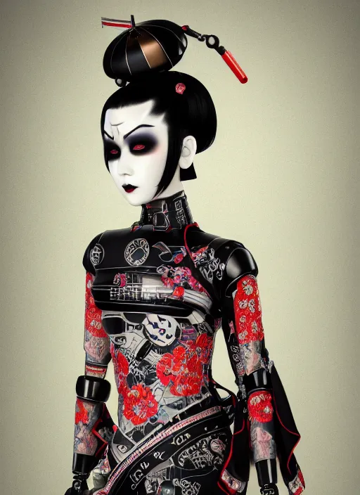 Image similar to full body portrait of a gothic style japanese robot geisha with kanji tattoos and decals wearing a digital pixelated kimono, intricate design, photo - realistic, octane render, dark colour palette, ultra fine detailed, character design, trending on artstation