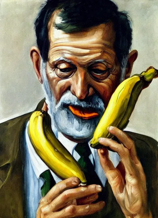Image similar to “oil painting of sigmund Freud eating a banana, by lucian freud, Freudian, fleshy, bold brush strokes”