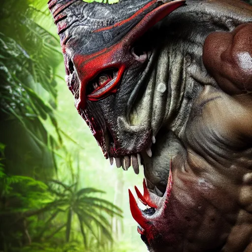 Image similar to a yautja predator in the jungle 4 k, high resolution, still, landscape, hd, dslr, hyper realistic, body builder, mr universe