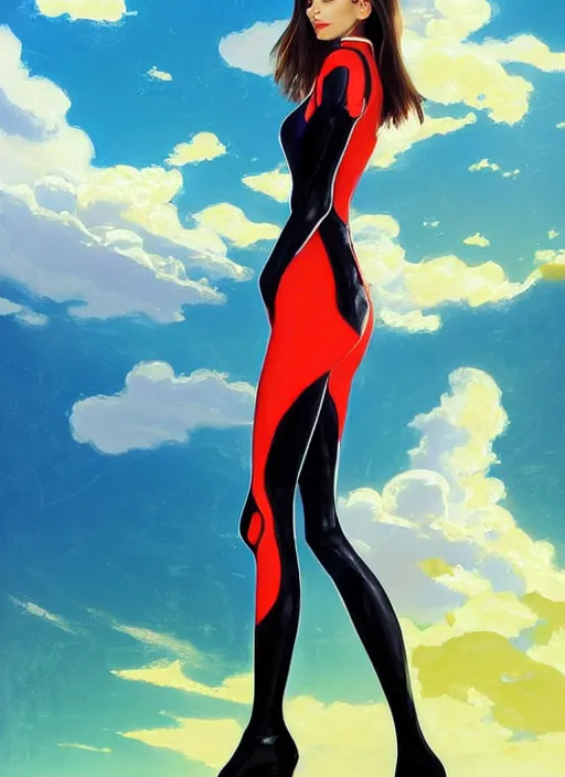 Image similar to full body portrait of a combination of Ashley Greene, Victoria Justice and Adriana Dxim, Grace Kelly and Lily Collins wearing a Plugsuit from Neon Genesis Evangelion, countryside, calm, fantasy character portrait, dynamic pose, above view, sunny day, thunder clouds in the sky, artwork by Jeremy Lipkin and Giuseppe Dangelico Pino and Michael Garmash and Rob Rey and Greg Manchess and Huang Guangjian, very coherent asymmetrical artwork, sharp edges, perfect face, simple form, 100mm