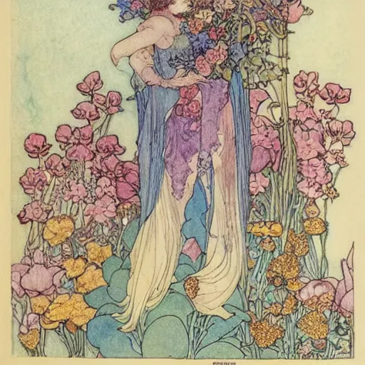 Prompt: a floral fantasy illustration by walter crane, edmund dulac, arthur rackham, and mucha