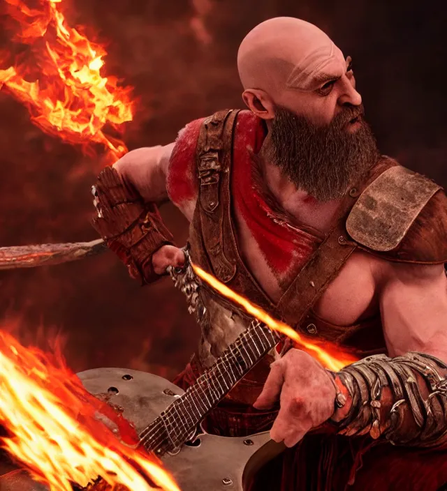Prompt: rocking kratos shredding on a flaming stratocaster guitar, cinematic render, god of war 2 0 1 8, santa monica studio official media, lightning, stripe over eye