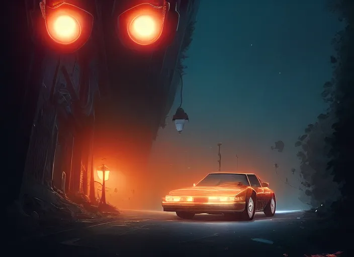 Image similar to detailed intricate digital illustration by greg rutkowski and artgerm and wlop and sanford robinson gifford ; 1 9 8 8 vehicle, glowing headlights ; 1 3 mm film, wide angle arri alfa anamorphic lens ; sharp focus, soft evening lighting, trending on artstation 4 k