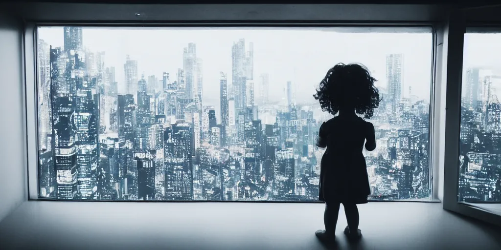 Image similar to overlooking on night city cyberpunk from floor to ceiling window, one little girl, beautiful hair at the back, looking out the window, liminal, cinematic, dreamscape