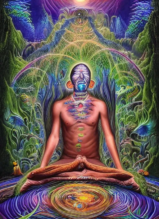 Image similar to a shaman visiting the upper spiritual worlds, surrealist, dmt, dmt, 5 meodmt, blissful landscape, love, high defined jungle, mother ayahuasca, ecstasy, bliss, sanctuary, sacred, vladimir kush art style, alex grey art style.