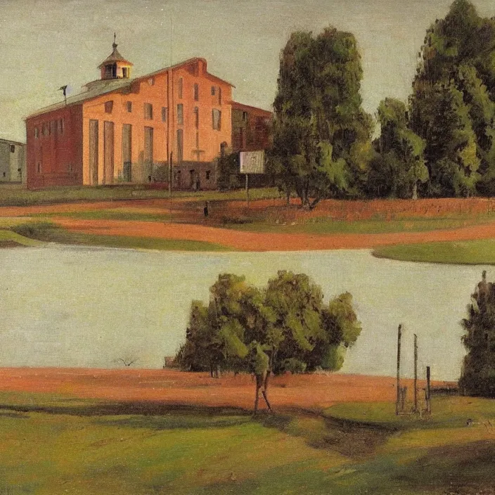 Image similar to a building in a serene landscape, soviet realism