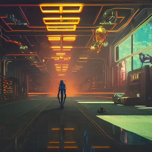 Prompt: interior shot, ready player one, apartment , nightime , scifi futuristic neon , robots , ladies of the night , neon lights, james gurney, katsuhiro otomo, james paick, cinematic lighting, artstation, vibrant nature, anime style, Craig Mullins, Greg Rutkowski, Pete Morbacher, Tuomas Korpi, tekkon kinreet, volumetric light, artstation, , octane render, redshift render, low angle camera, HDRI