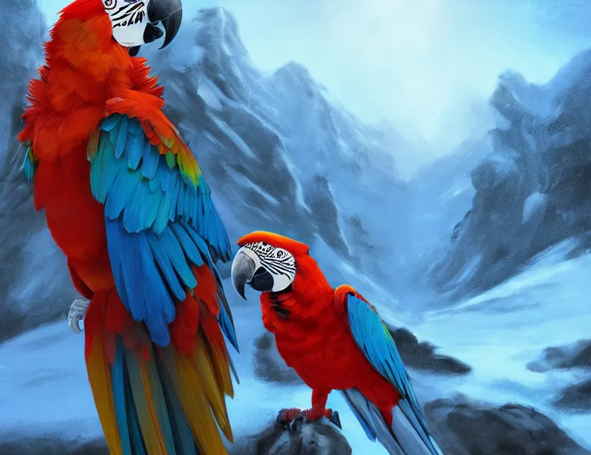 Image similar to macaw alchemist girl in the flowering snowy mountains. complementary colors, indie concept art, luminescent, 4 k, chiaroscuro, backlighting.