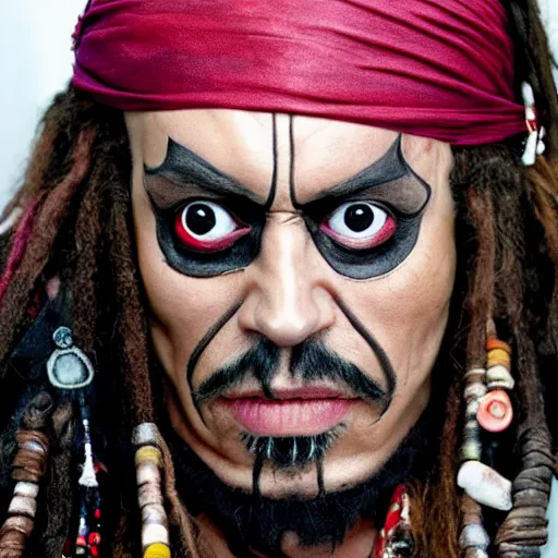 Image similar to uhd candid photo of jack sparrow wearing bizarre voodoo makeup, with accurate face, intricate voodoo costume, uhd, studio lighting, correct face, photo by annie leibovitz