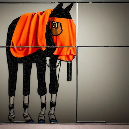 Image similar to horse with orange inmate clothes, in a jail