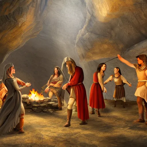 Prompt: medieval people dancing in a cave, there are many many minerals and crystals on the ground and a campfire, matte painting, 4k, very detailed