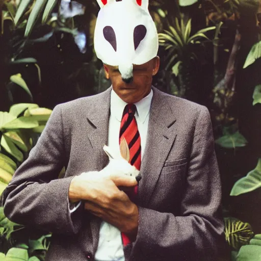 Image similar to grainy head to shoulder portrait Polaroid film photograph of a 1950's man wearing a rabbit mask in a tropical greenhouse. looking at the camera!!. super resolution. Extremely detailed. Polaroid 600 film. by Annie Leibovitz and Richard Avedon