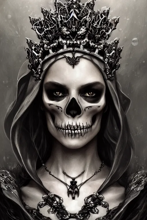 Image similar to skull queen with an origami crown, hints of silver jewelry, gothic, eerie, intricate detail, dramatic lighting, mist, grey, 4k, fantasy, intricate, very very beautiful, elegant, highly detailed, digital painting, artstation, concept art, smooth, sharp focus, illustration, art by artgerm and greg rutkowski and alphonse mucha