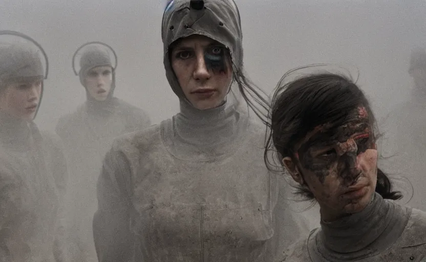 Prompt: cinestill 5 0 d photographic portrait by helen levitt of a group of diverse android women wearing rugged black mesh techwear in a foggy cement maze, extreme closeup, modern cyberpunk, dust storm, 8 k, hd, high resolution, 3 5 mm, f / 3 2, ultra realistic faces, intricate detail, ex machina