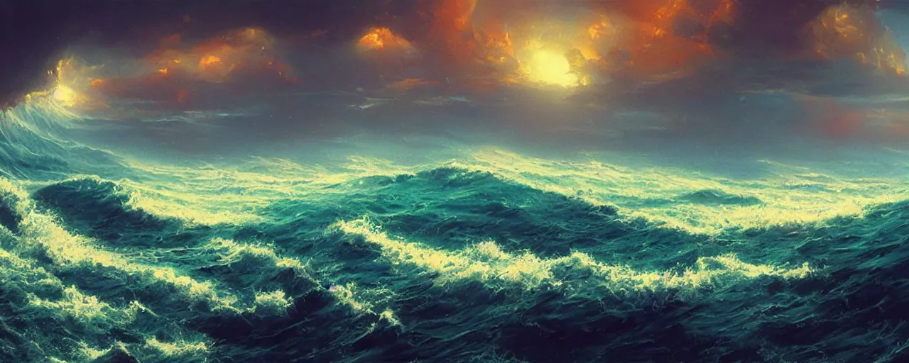 Image similar to ” vast ocean, [ art by paul lehr, cinematic, detailed, epic, widescreen, opening, establishing, mattepainting, photorealistic, realistic textures, octane render ] ”