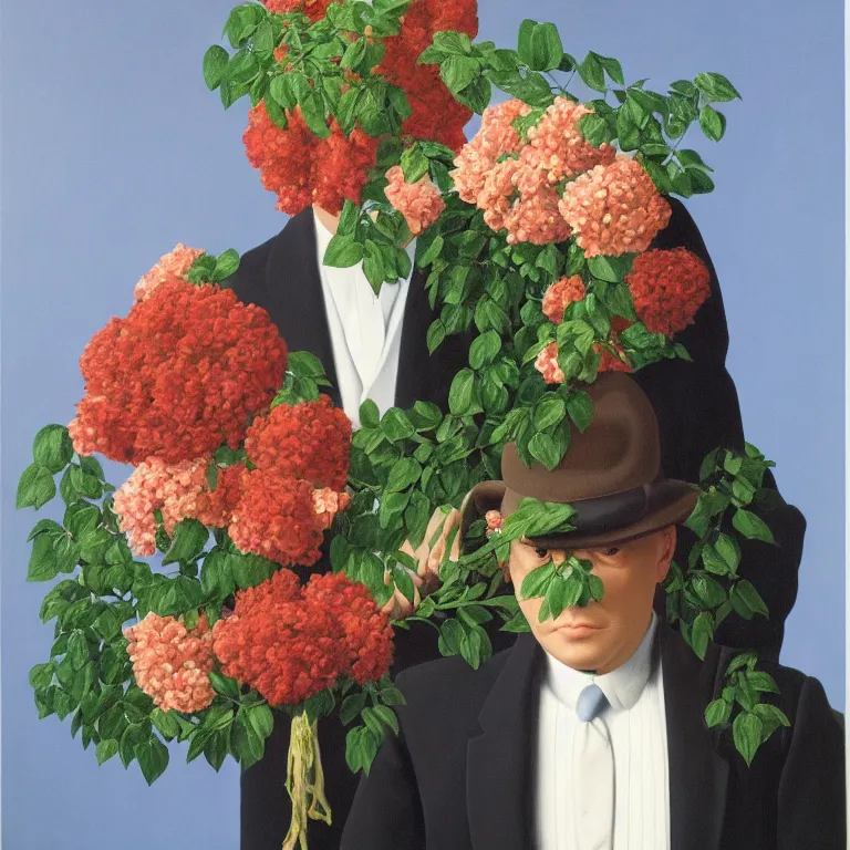 Prompt: portrait of a man, face hidden by beautiful flower bouquet, by rene magritte, detailed painting, hd, hq, high resolution, high detail, 4 k, 8 k