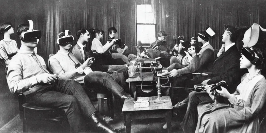 Image similar to 1 9 0 0 s photo of people using iphones ipods virtual reality headsets vr watching hd tv