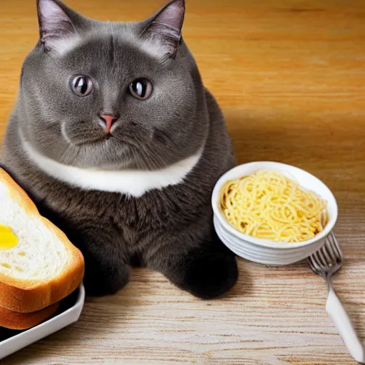 Prompt: obese cat sitting next to a slice of toast with indomie mi goreng noodles on top