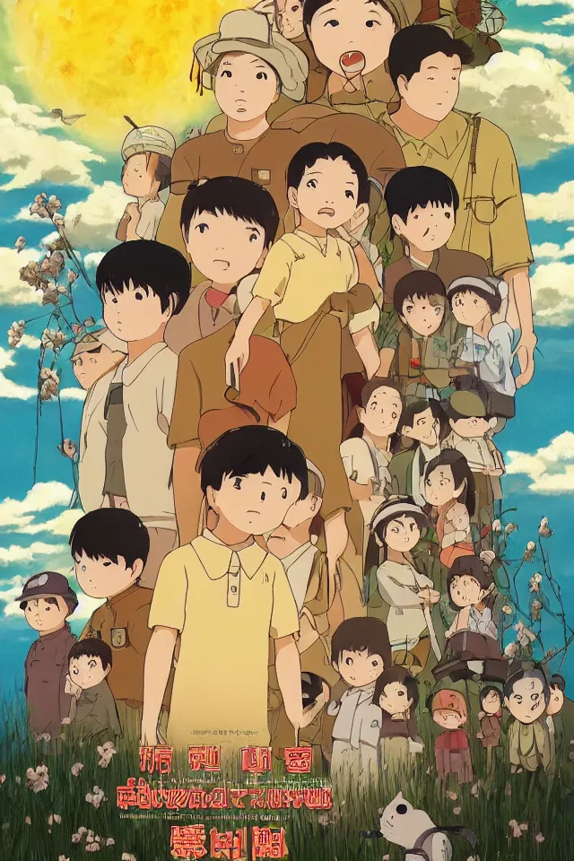 Image similar to a portrait of the movie poster of graveyard of the fireflies with all the characters replaced with shiba inus, in the art style of studio ghibli, miyao hayazaki, artistic 4 k