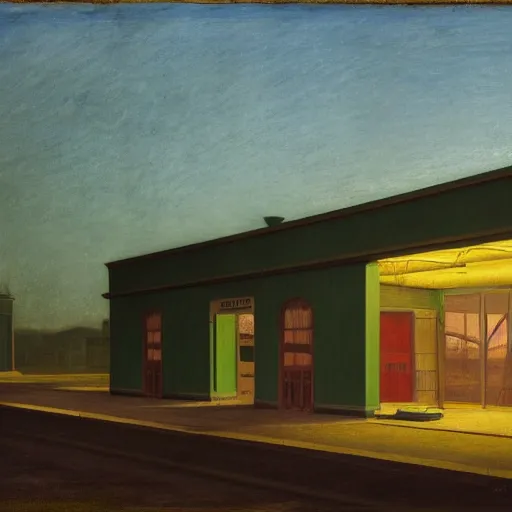Image similar to monster in an abandoned gas station, daguerreotype by edward hopper, by henri rousseau, by Bosch, by Pontormo, art noveau, highly detailed, strong lights, liminal, eerie, Bright pastel colors, octane render, 8k