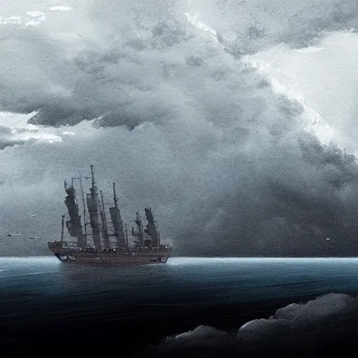 Image similar to large lonely ship drifting amongst the clouds and fog with heavy dark storm beautiful Concept art