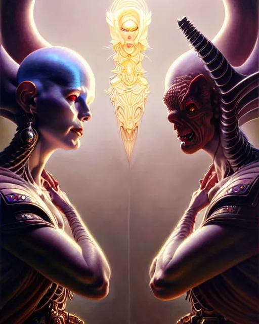 Image similar to beautiful gemini good and evil fantasy character portrait, ultra realistic, wide angle, intricate details, the fifth element artifacts, highly detailed by peter mohrbacher, hajime sorayama, wayne barlowe, boris vallejo, aaron horkey, gaston bussiere, craig mullins