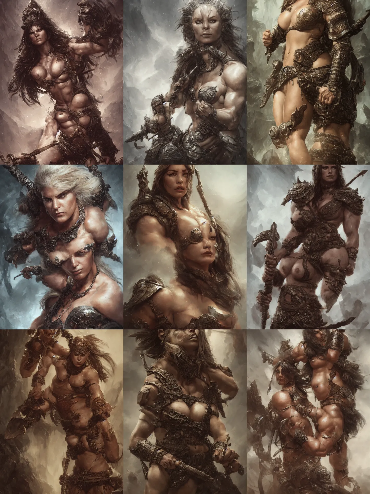 Image similar to portrait of a powerful barbarian woman, muscular, fantasy, intricate, wild, detailed, digital painting, artstation, concept art, matte, sharp focus, illustration, art by aenaluck and roberto ferri and greg rutkowski, epic fantasy, digital painting